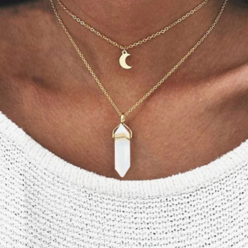 Layered Opal Stone & Moon Necklace
